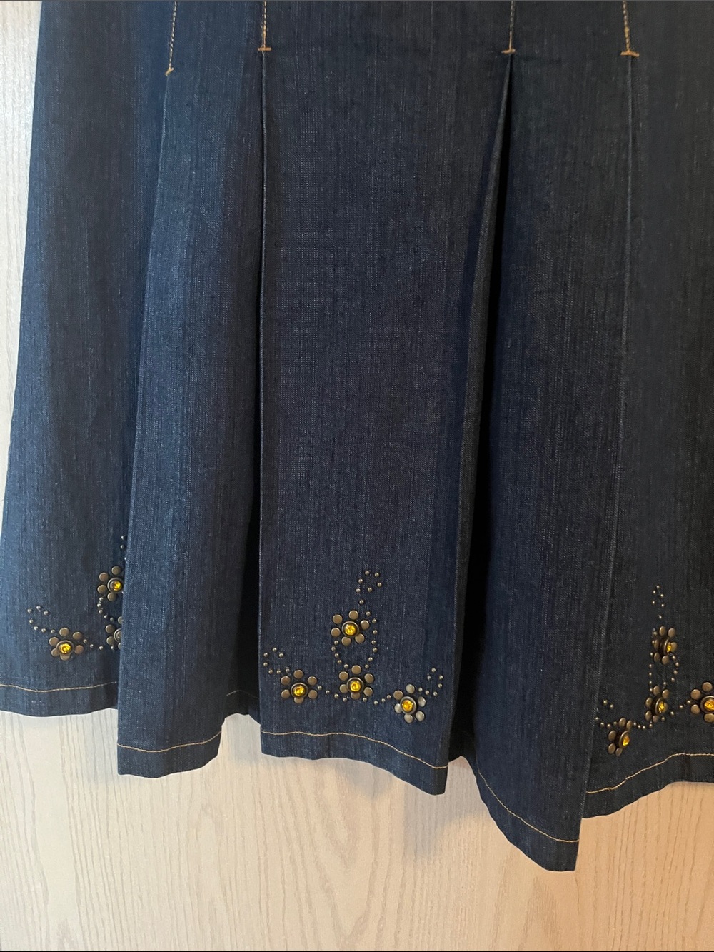 Dark Blue Denim A-Line Skirt with Decorative Stud and Bead Accents - Picture 4 of 11